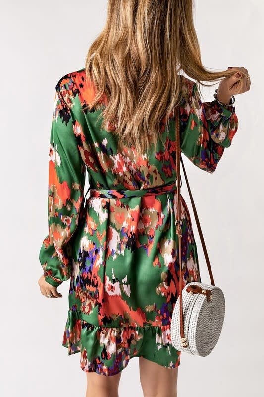Abstract Ruffled Drawstring High Waist Mini Dress