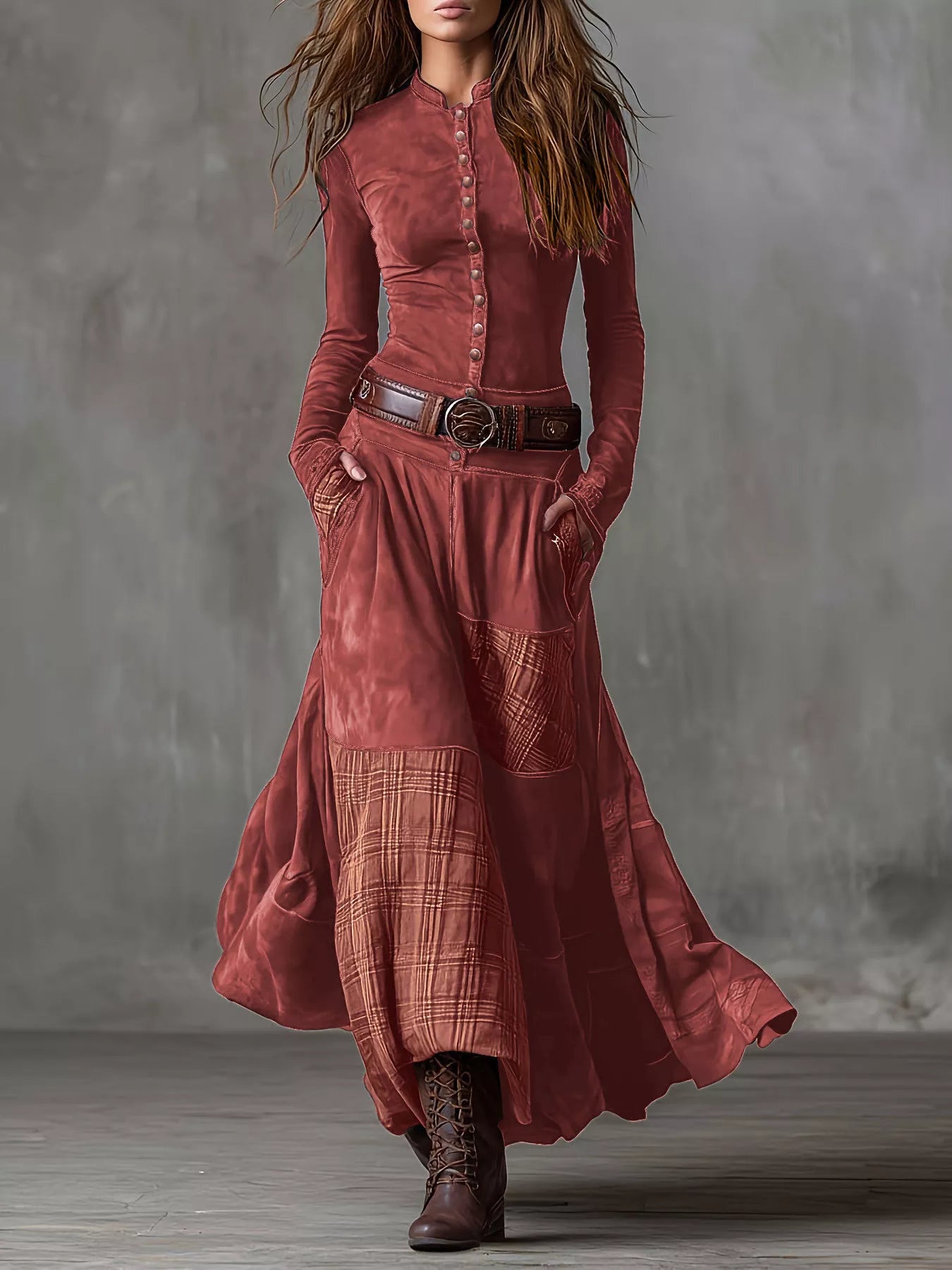 Plaid Button Front Long Sleeve Dress