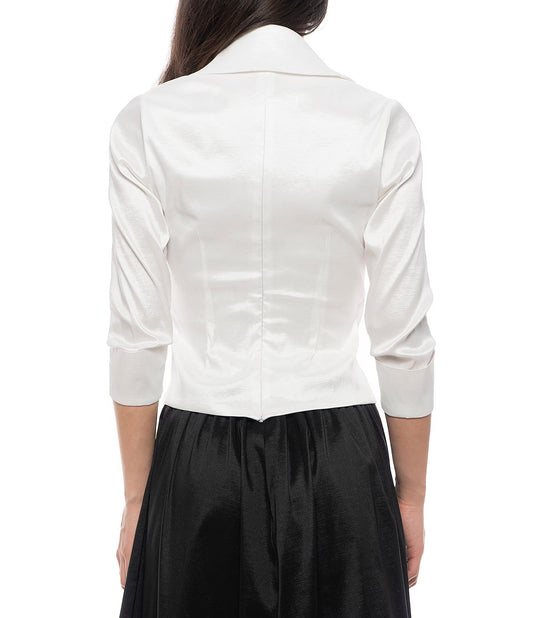 Marina Collared V-Neckline 3/4 Sleeve Stretch Taffeta Rhinestone Embellishment Wrap Blouse