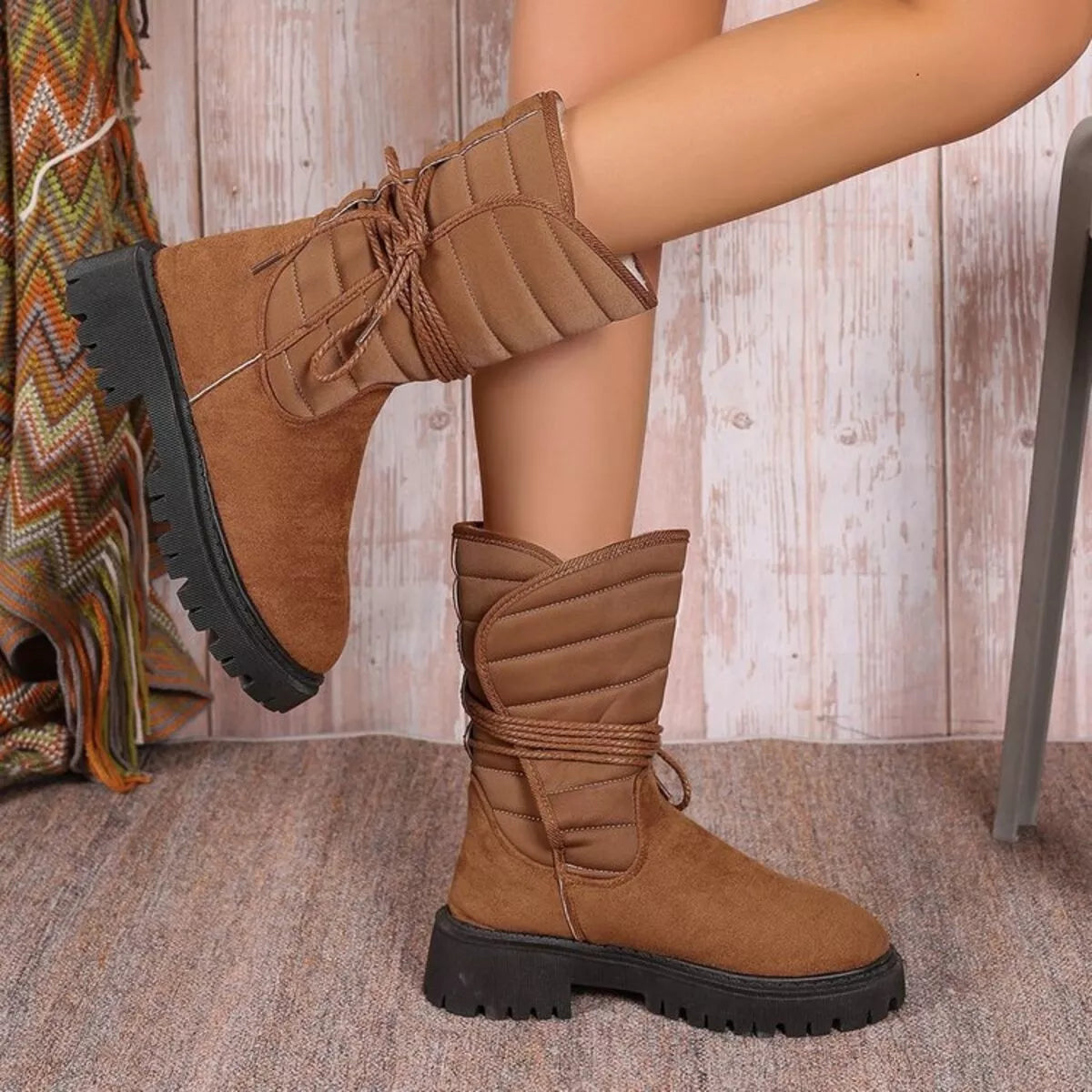 Quilted Lace-Up Mid-Calf Boots