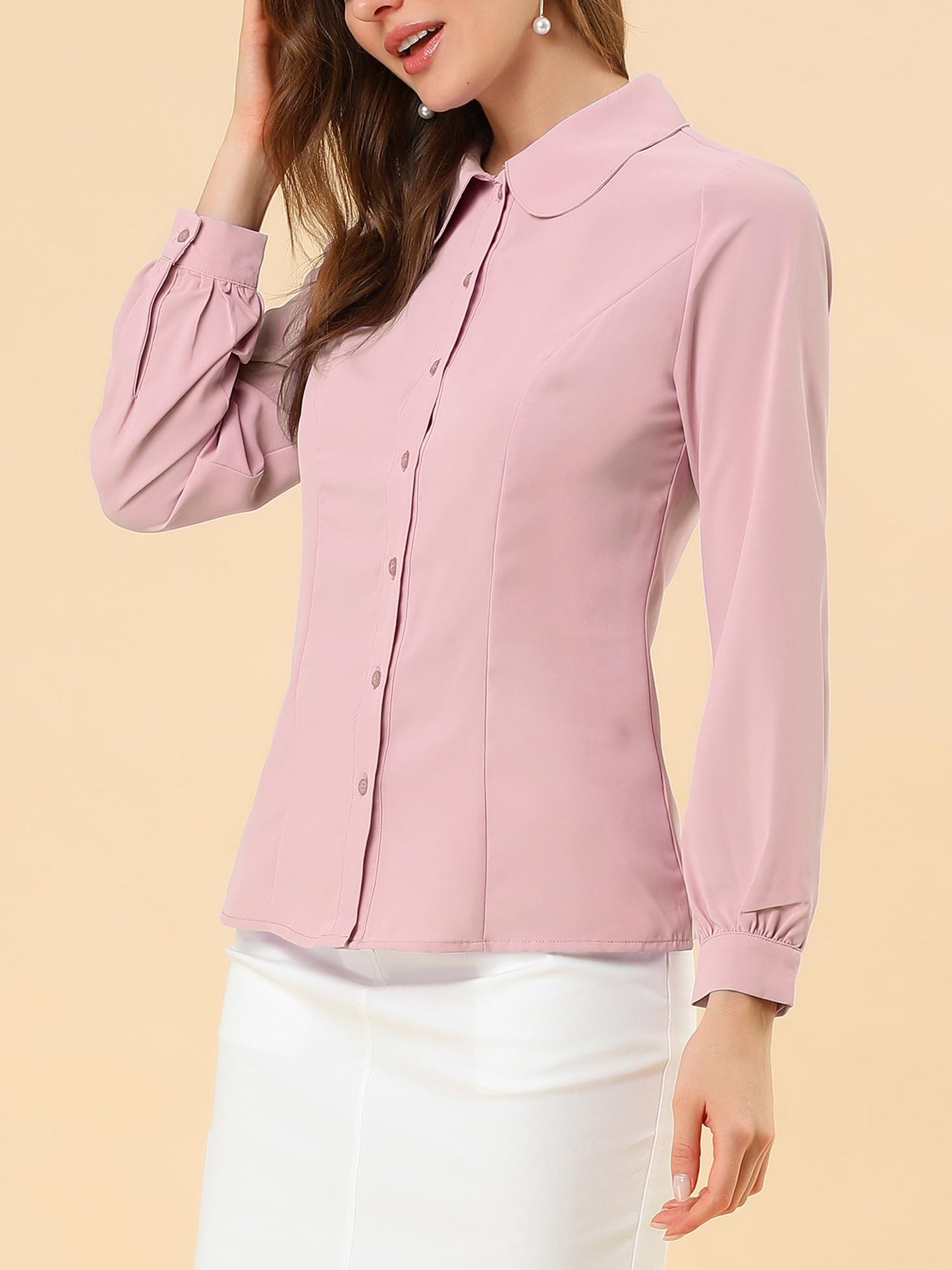 Allegra K Blusa de trabajo con cuello Peter Pan para mujer, estilo casual, de manga larga, con botones