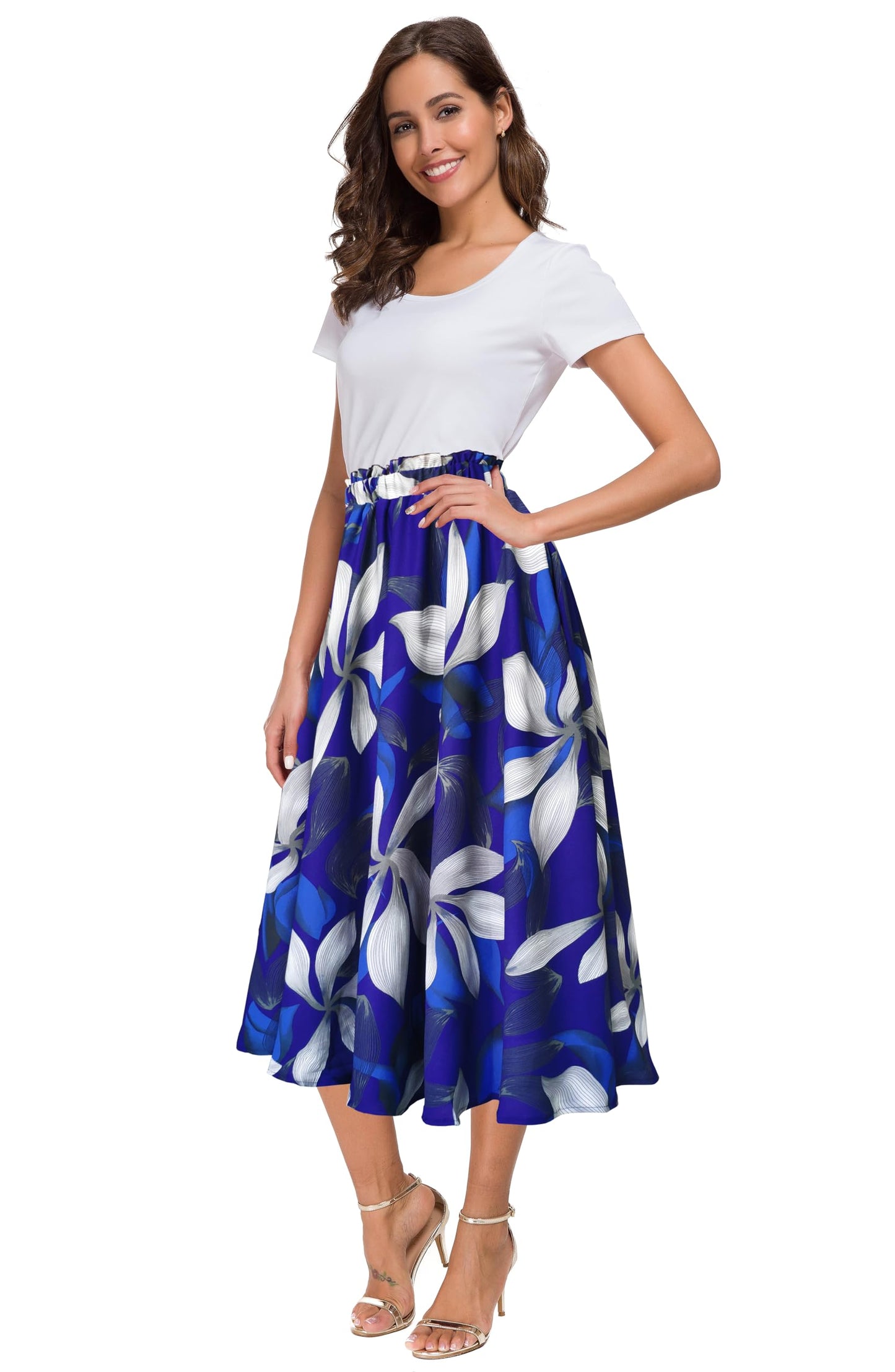 Afibi Women High Waist Floral Print Swing Chiffon Beach Midi Long Skirt with Pockets