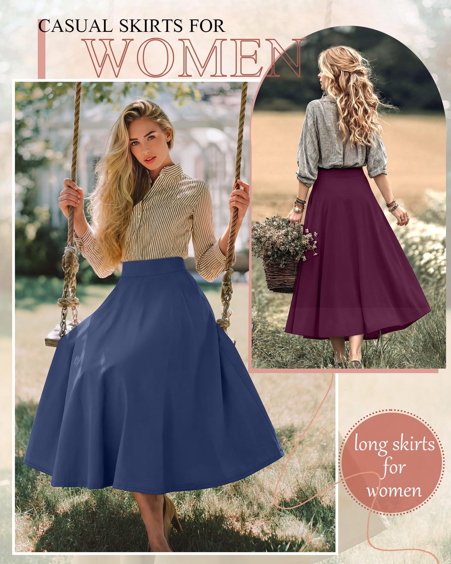 Ficerd 3 Pack Women's Maxi Long Skirts with Pockets, A Line Ankle Length High Waisted Flowy Soft Summer Casual Skirts