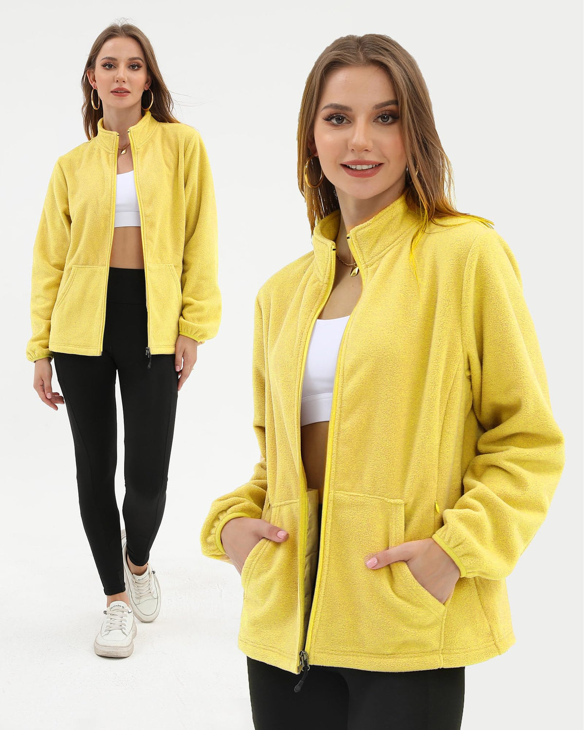 Argstar Women's Fleece Jacket, Lightweight Full Zip Classic Soft Casual Recreation Coat with Zipper Pockets Yellow XXL