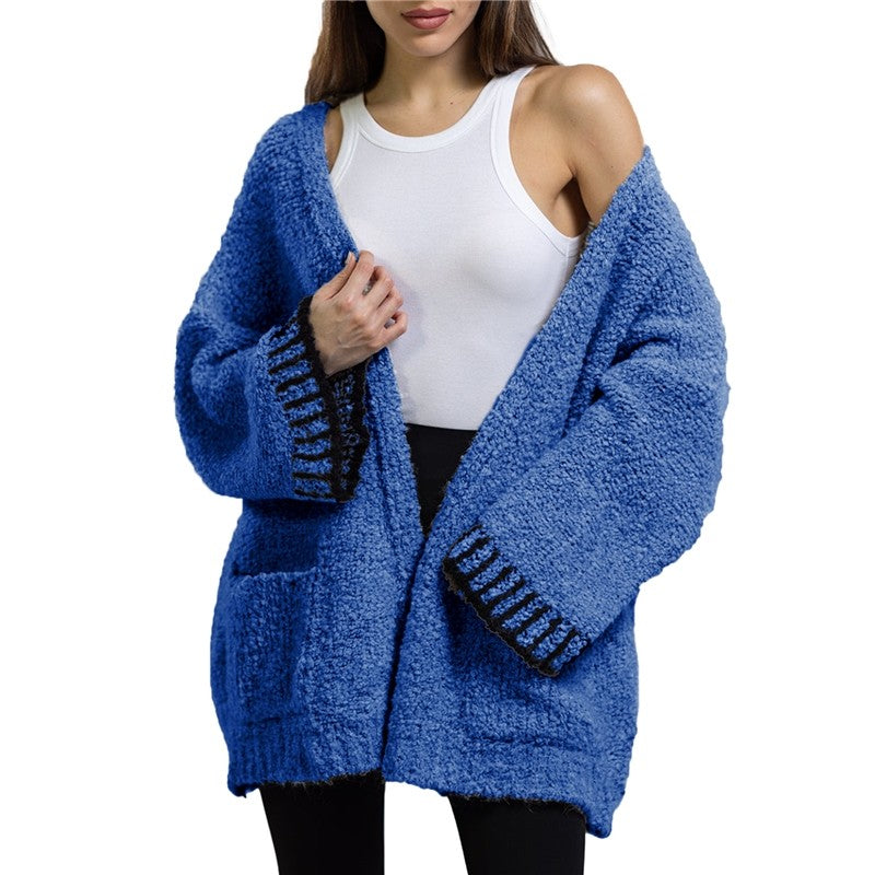Casual Loose Contrast Color Long Sleeve Sweater Cardigan