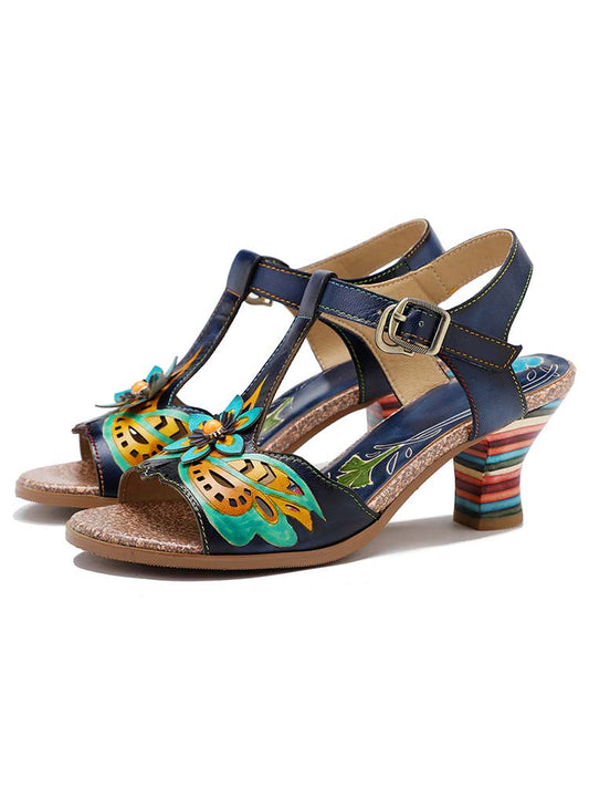 Retro Handmade Colored Stripe Heel Comfy Sandals