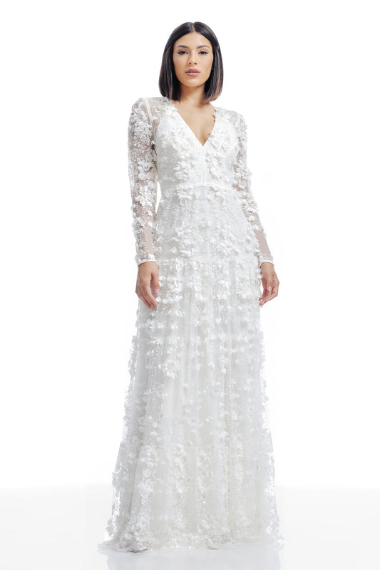 Dress the Population Angelina White 3D Floral Pearl Gown XS