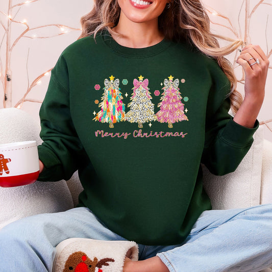 Merry Christmas Pastel Christmas Trees Santa Colorful Painting Holiday Scene Sweatshirt