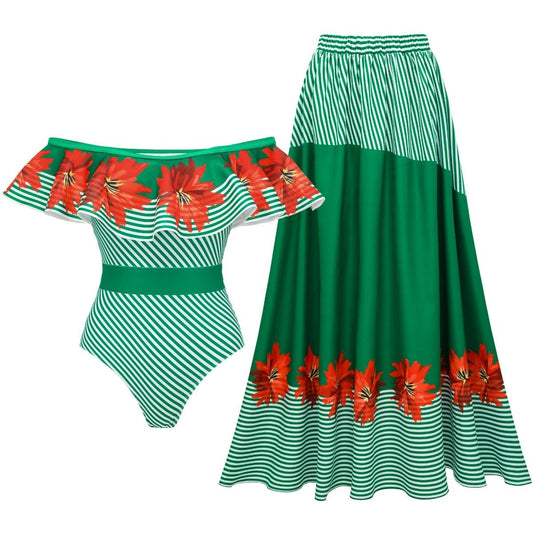 Swimsuit Green Striped Floral Stitching Swimsuit Women Tube Top Swimsuit