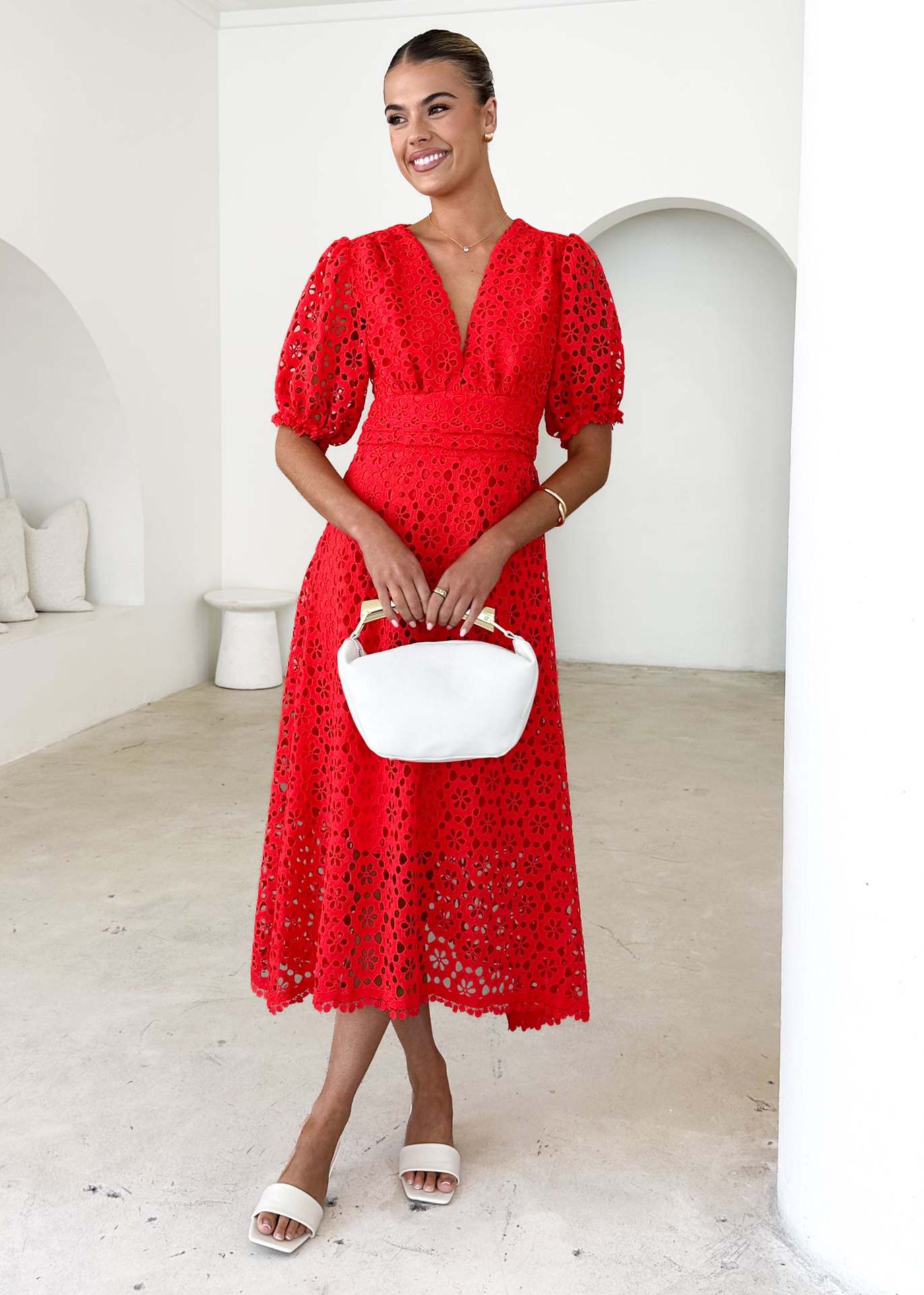 Dress skirt V-neck sexy waist solid color lace hollow dress