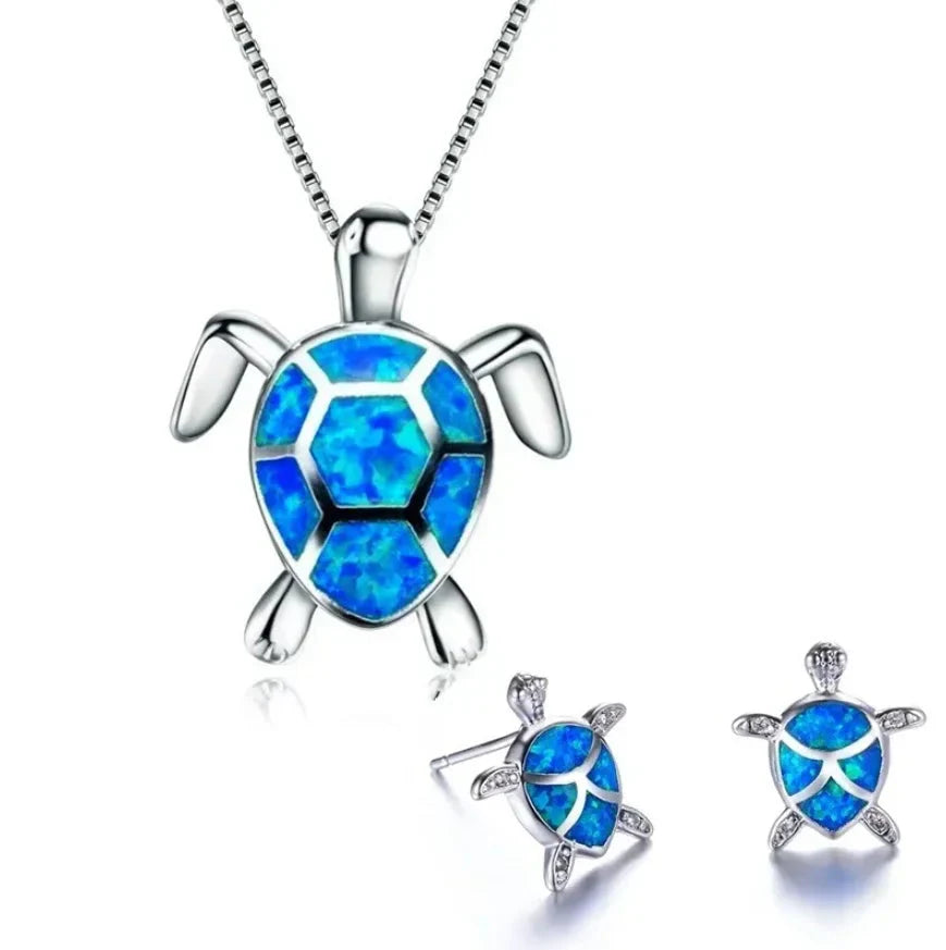 Classic Cute Sea Turtle Necklace Earrings Trendy Animal Fire Opal Stud Earring For Women Boho Summer Beach Set Custom Jewelry