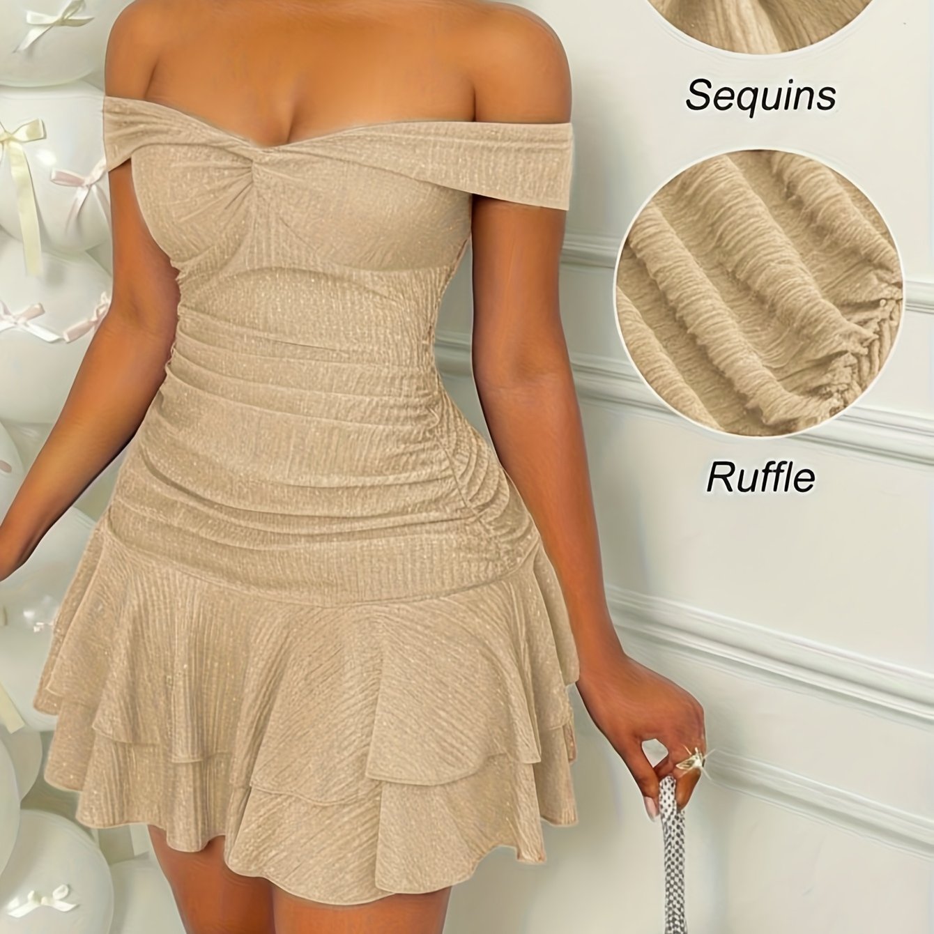 Sequin Off Shoulder Ruffle Dress for Women