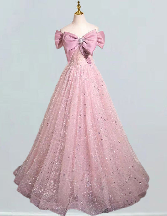 Pink Lace Off-Shoulder Quinceanera Ball Gown | Girls' Prom Evening Dress