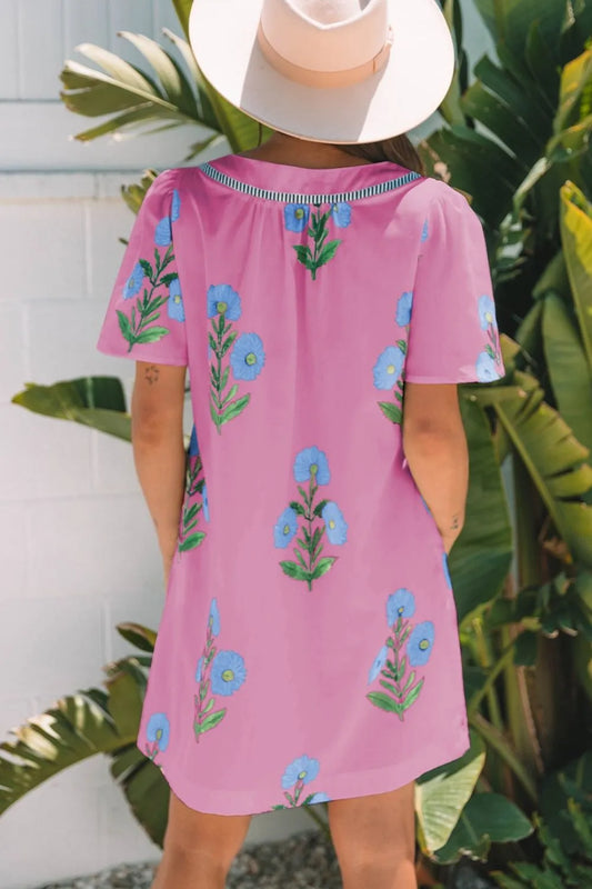 Floral Notched Summer Mini Dress with Striped Trim