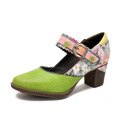 Women's Spring Heels Dress Shoes Party Round Toe Elegant Cowhide Loafer Green Pumps