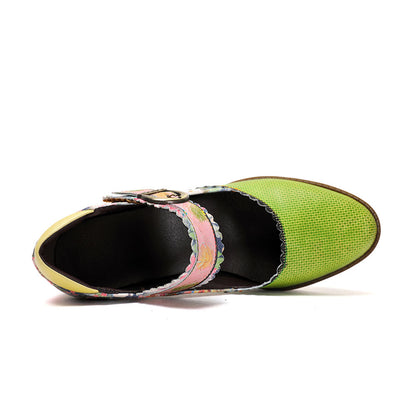 Women's Spring Heels Dress Shoes Party Round Toe Elegant Cowhide Loafer Green Pumps