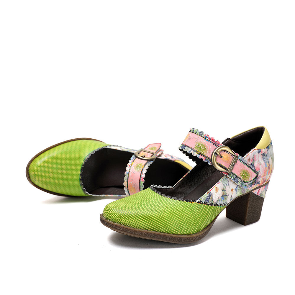 Women's Spring Heels Dress Shoes Party Round Toe Elegant Cowhide Loafer Green Pumps