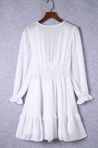 Elegant Tie-Front Ruffle Mini Dress with Smocked Wiast
