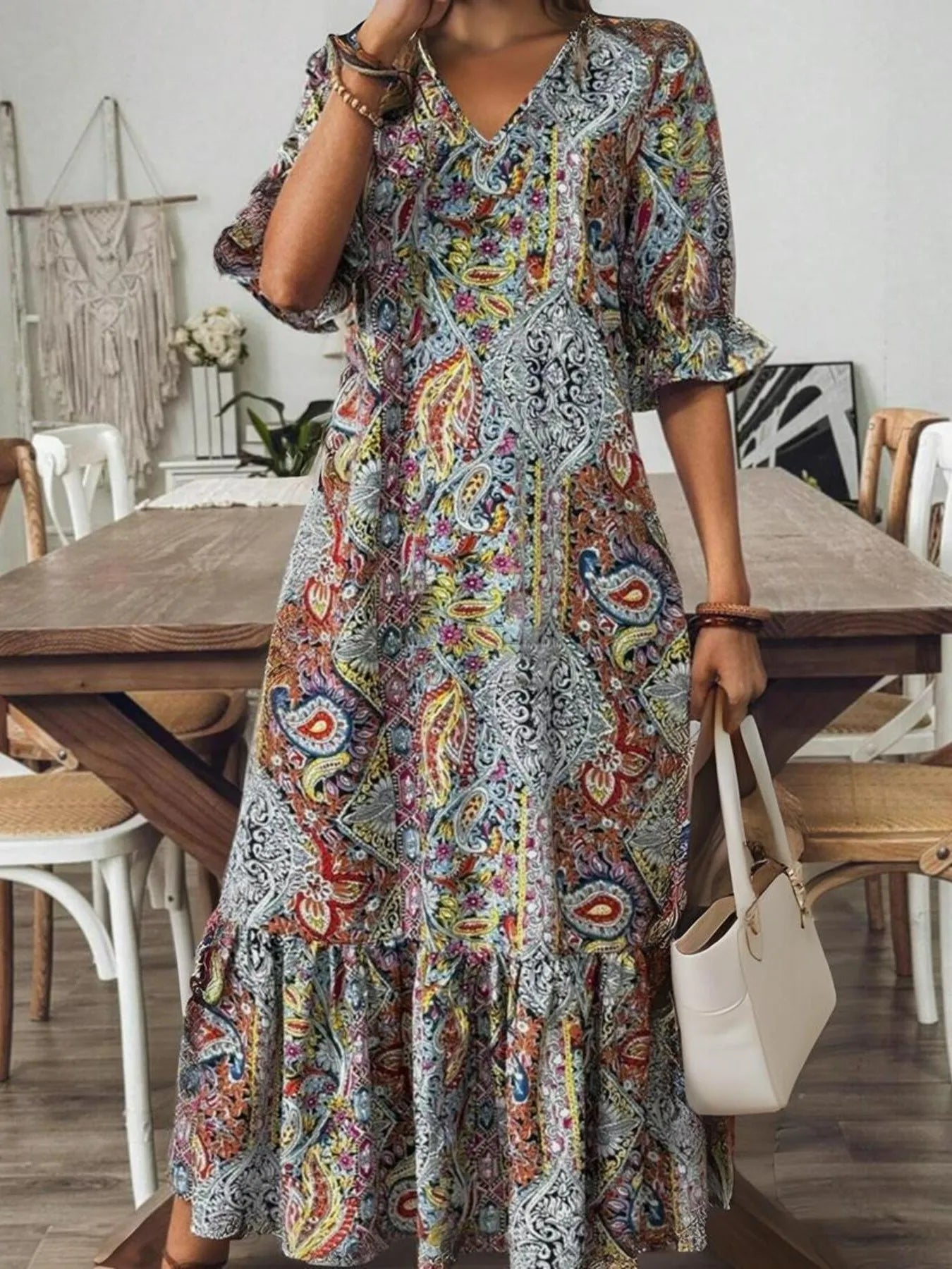 Bohemian Paisley Print V-Neck Midi Dress