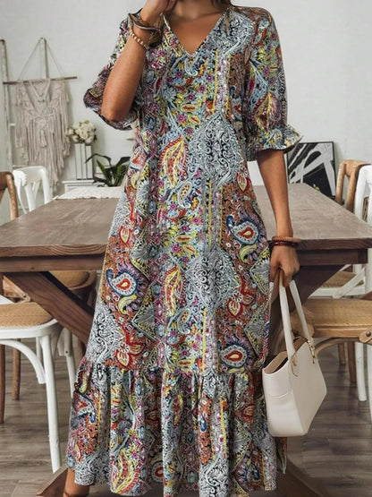 Bohemian Paisley Print V-Neck Midi Dress