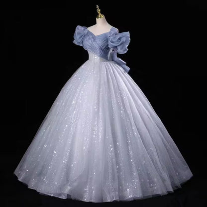 Silver grey sparkle lace tulle prom dress evening gown