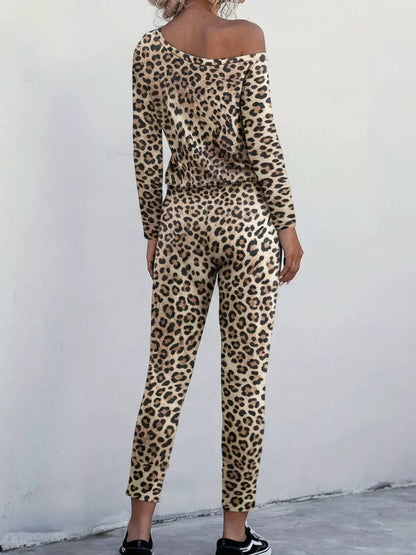 Leopard Print One-Shoulder Top and Pants Set