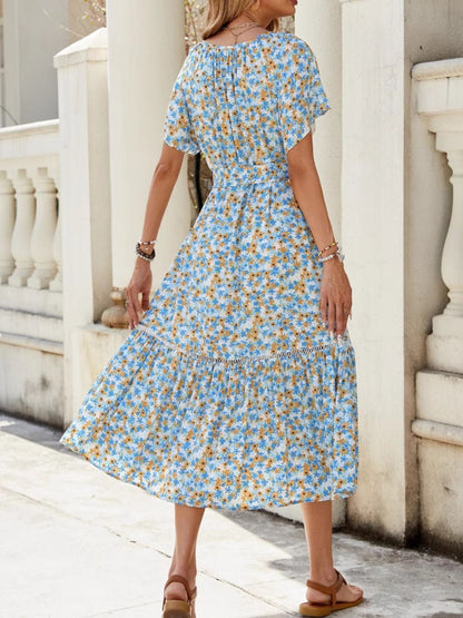 Floral Print Ruffle Hem Tie Front Midi Dress