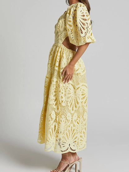 Cutout Back Lace Crochet V-Neck Dress