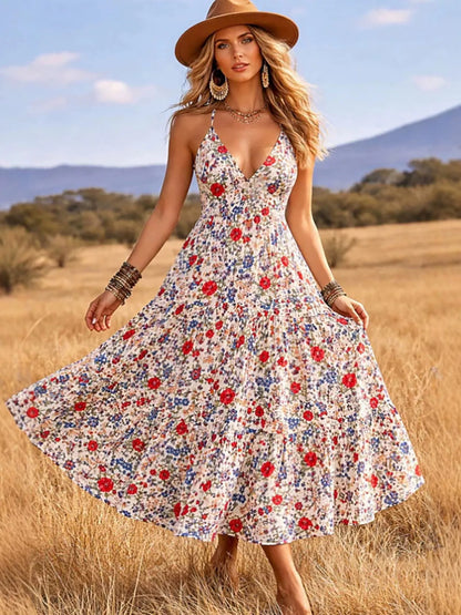 Floral Print V-Neck Midi Dress