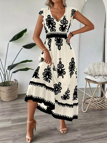 Printed V-Neck Ruffled Cap Sleeve Dress