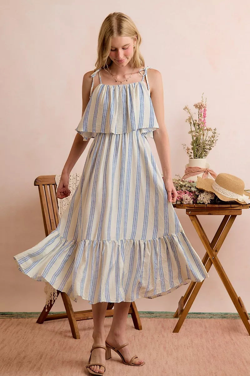 Stripe Tiered Shoulder Tie Midi Lined Dress