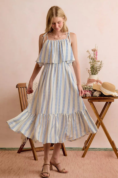 Stripe Tiered Shoulder Tie Midi Lined Dress
