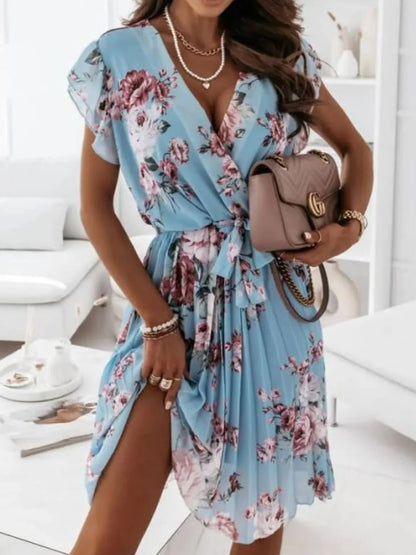 Floral Surplice Ruffled Cap Sleeve Dress