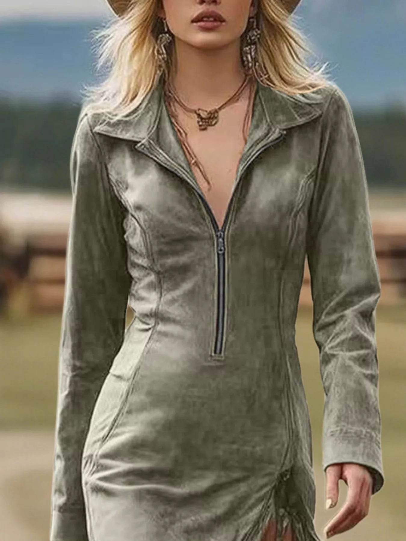 Fringe Hem Zip Front Bodycon Dress