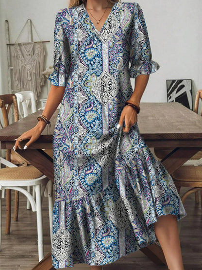 Bohemian Paisley Print V-Neck Midi Dress