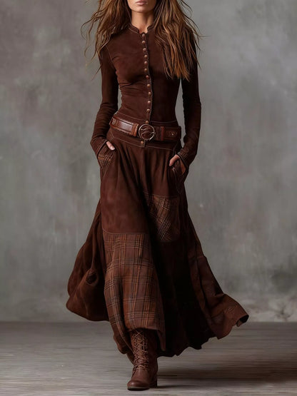 Plaid Button Front Long Sleeve Dress