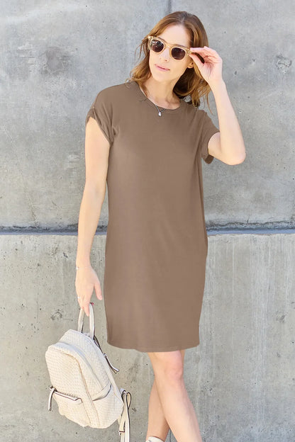 Basic Bae Round Neck Short Sleeve Dress with Pockets