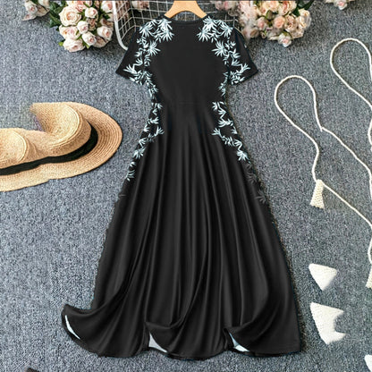 Women's Elegant Empire Waist Short Sleeve Printed Sides Maxi Dress
