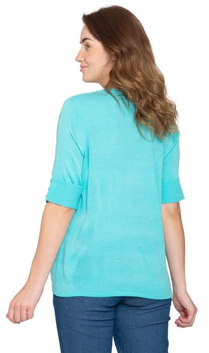 Women's Button Front Cardigan with a Unique Elbow Cuff Style