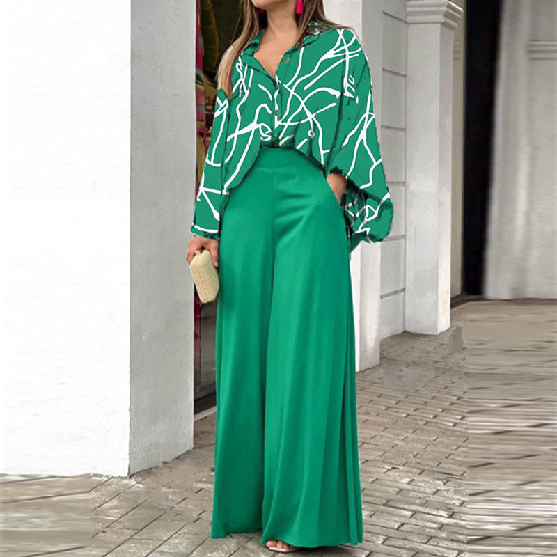 Elegant Colorful Printed Shirt plus Wide Leg Pants 2-piece Set