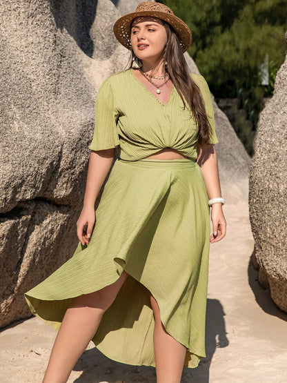 Plus Size V-Neck Half Sleeve Top and High-Low Skirt Set See size chart under “more details”