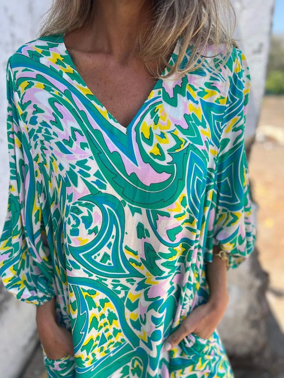 Printed V-Neck Dress with Pockets