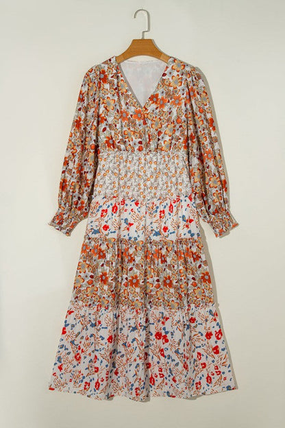 Floral V-Neck Ruffle Long Sleeve Midi Dress