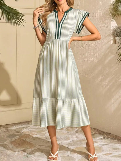 Striped Notched Ruffle Sleeve Dress