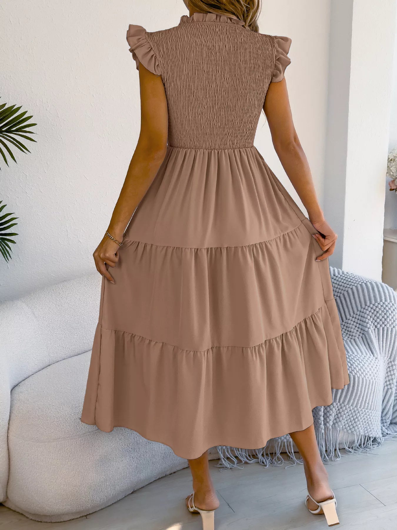 Women's Smocked Ruffle Midi Dress – Casual A-Line Cap Sleeve