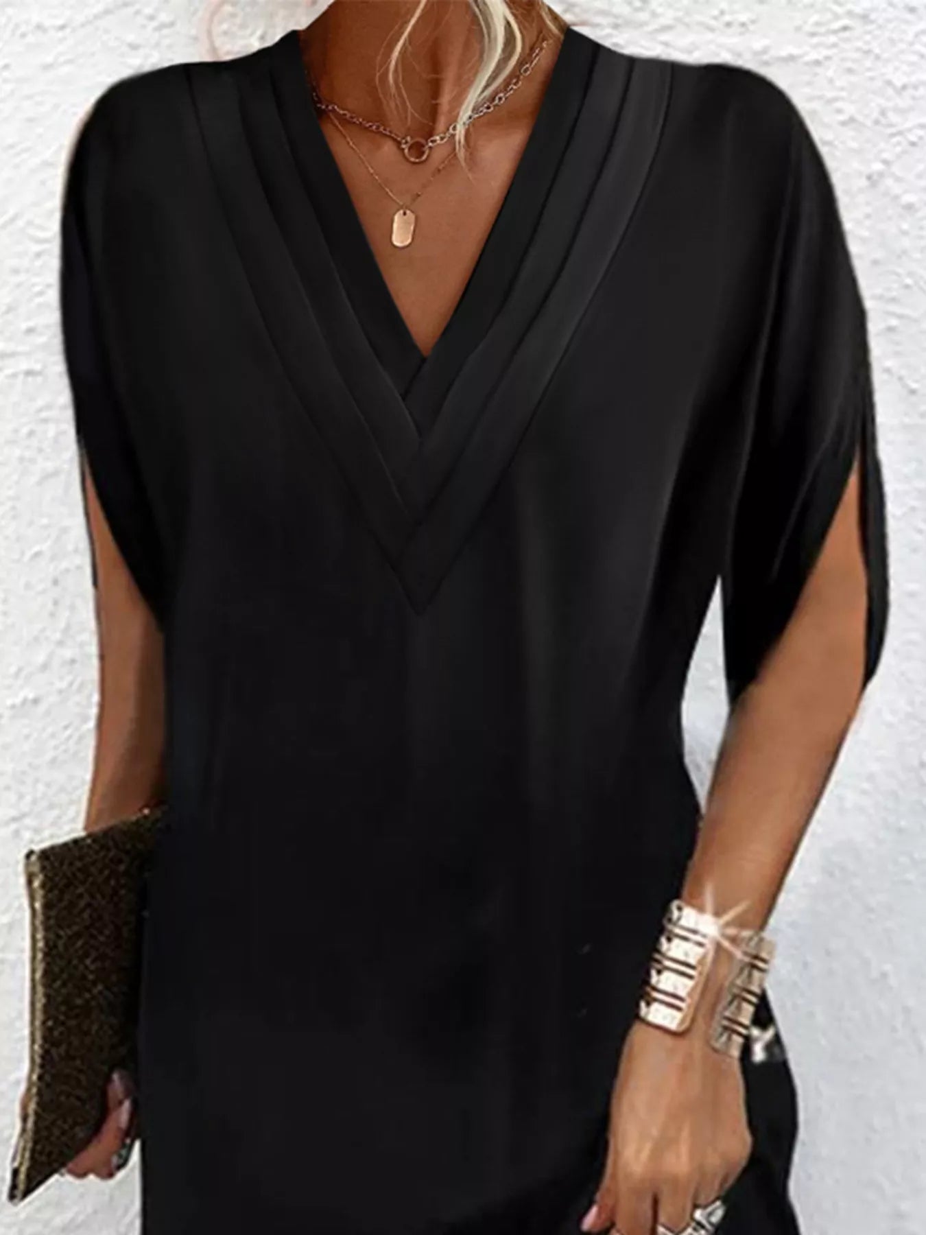 V-Neck Slit Sleeve Mini Dress