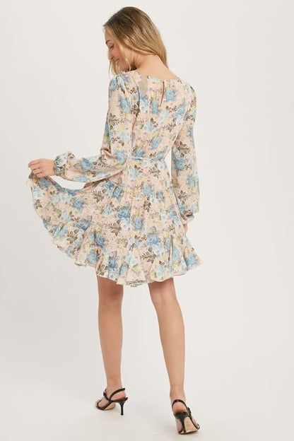 Floral Print Ruffled Swing Dress - Dusty Pink