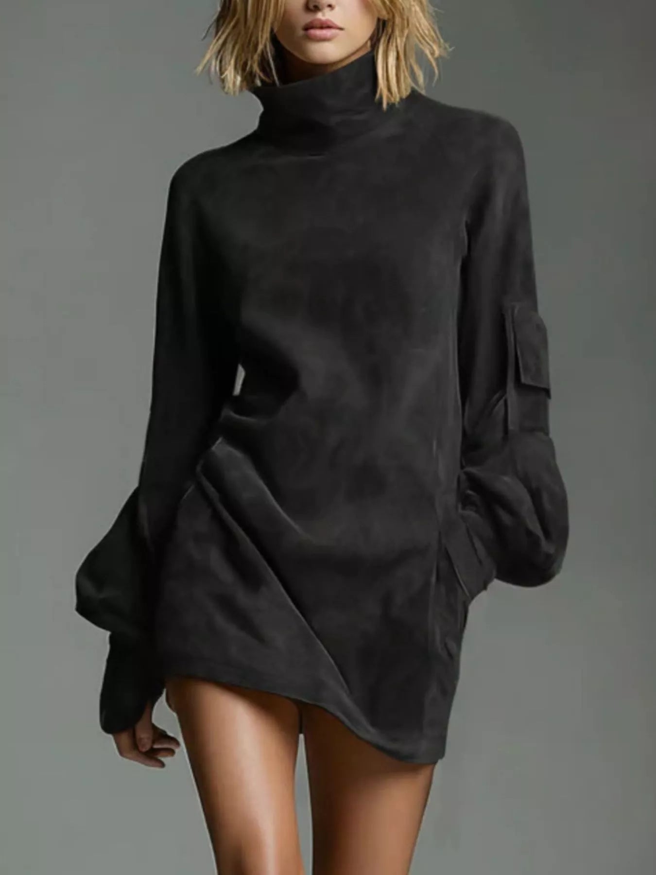 Suede Turtleneck Lantern Sleeve Mini Dress