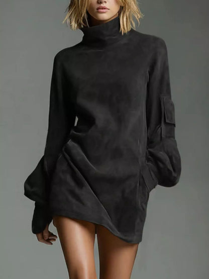 Suede Turtleneck Lantern Sleeve Mini Dress