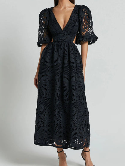 Cutout Back Lace Crochet V-Neck Dress